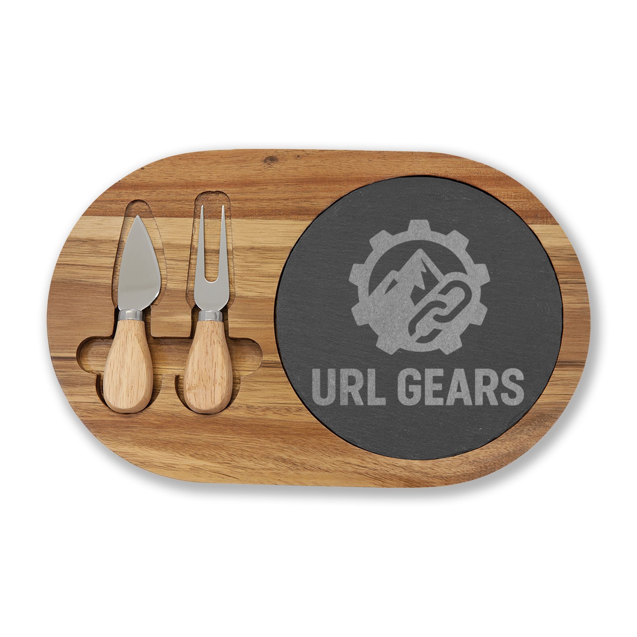 Engraved Acacia Charcuterie Board with Slate Insert & Cheese Knife Set