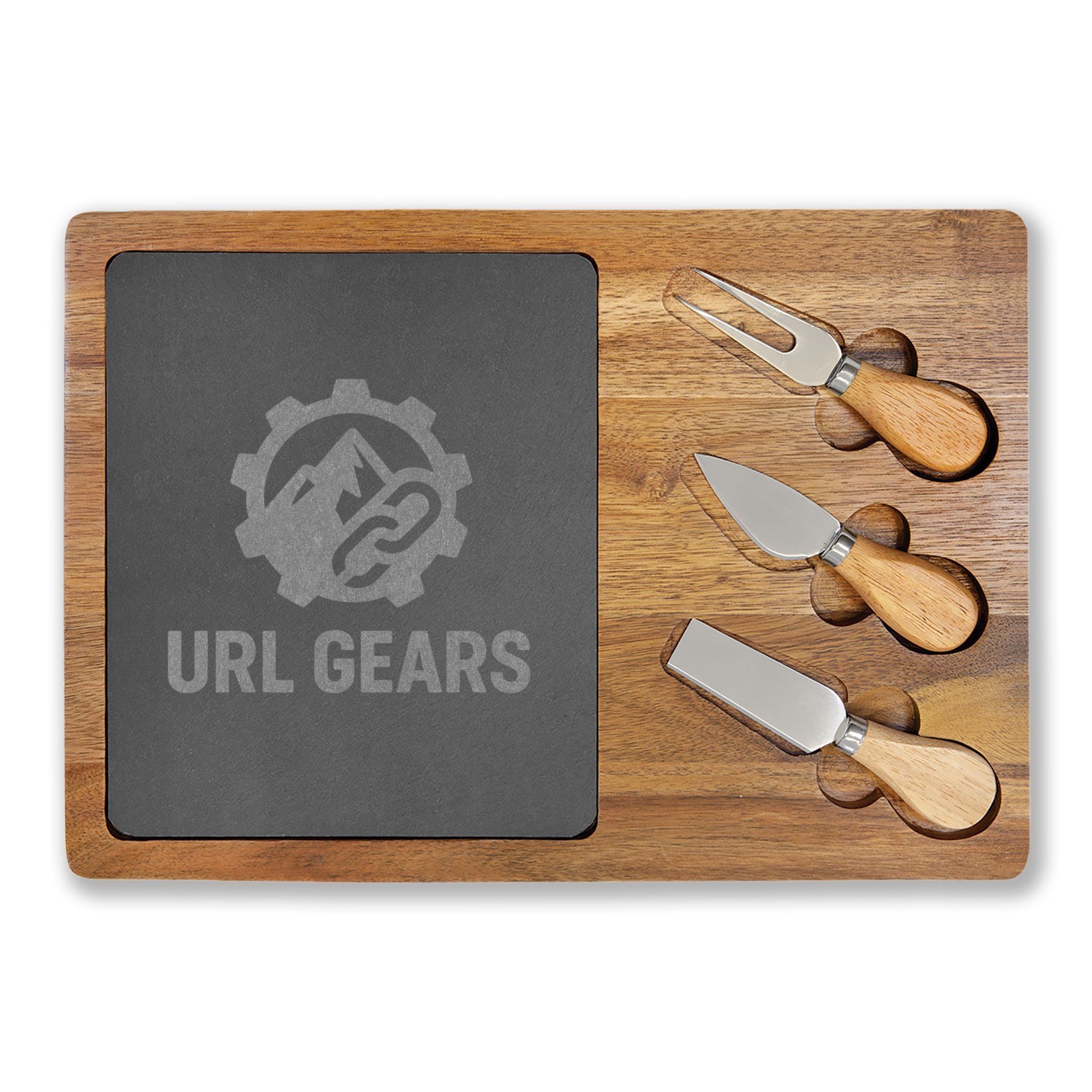 Engraved Acacia Charcuterie Board with Slate Insert & Cheese Knife Set