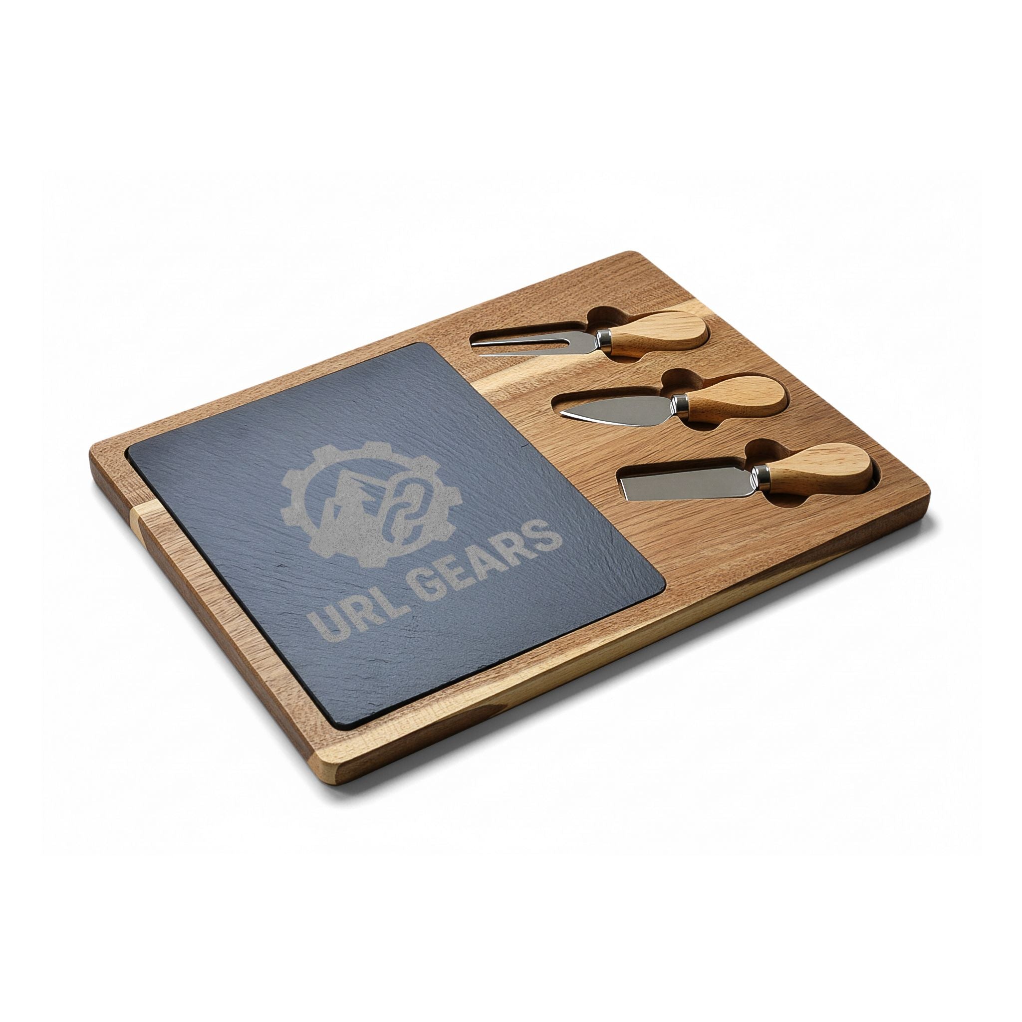 Engraved Acacia Charcuterie Board with Slate Insert & Cheese Knife Set