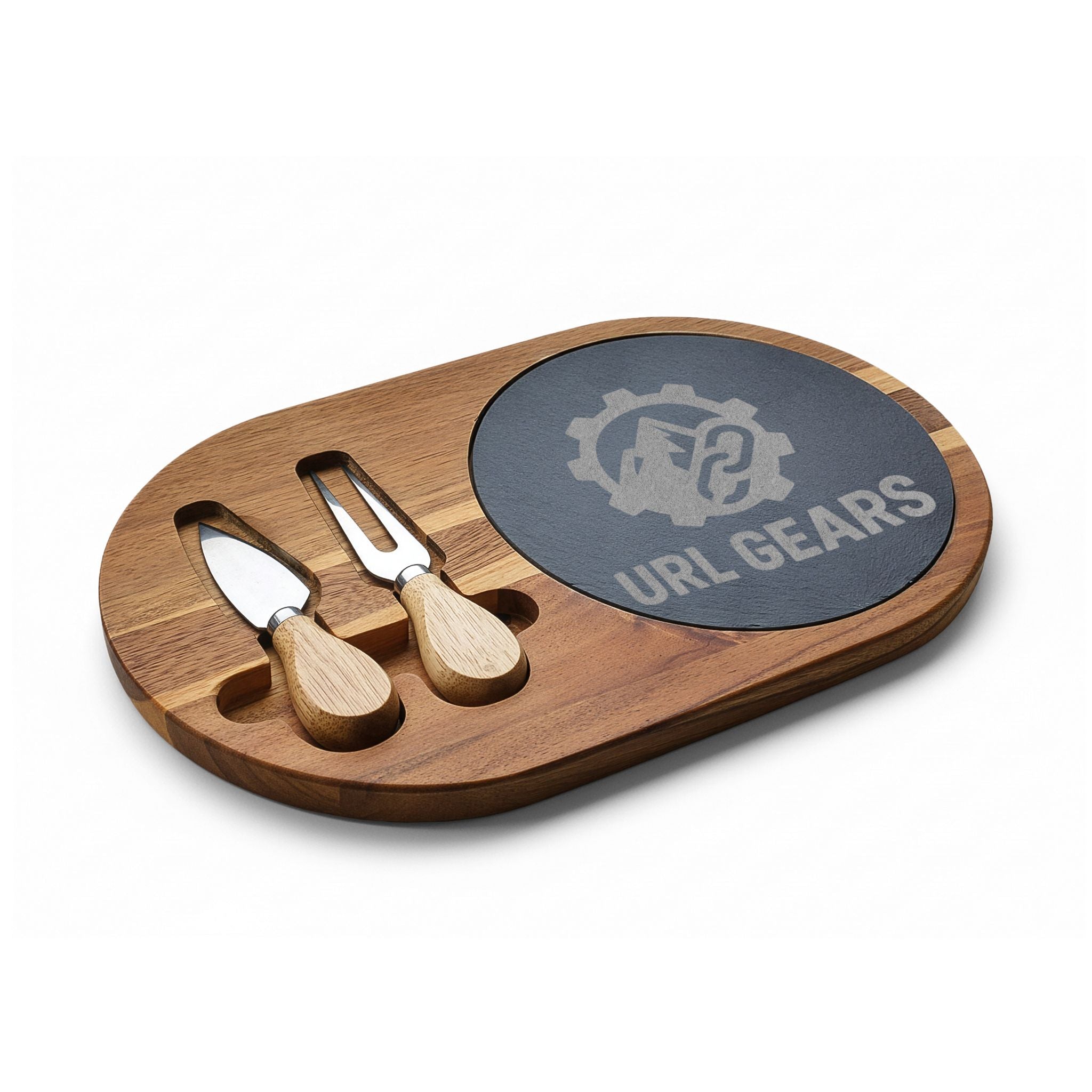 Engraved Acacia Charcuterie Board with Slate Insert & Cheese Knife Set