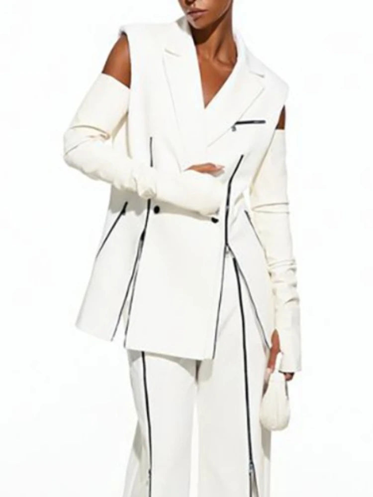 Beautyblue 2025 Summer New V-neck Collar White Suit Blazer Vest Jacket Buttoned Shoulder Pad Zipper Commuter Sleeveless Coat