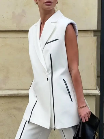 Beautyblue 2025 Summer New V-neck Collar White Suit Blazer Vest Jacket Buttoned Shoulder Pad Zipper Commuter Sleeveless Coat