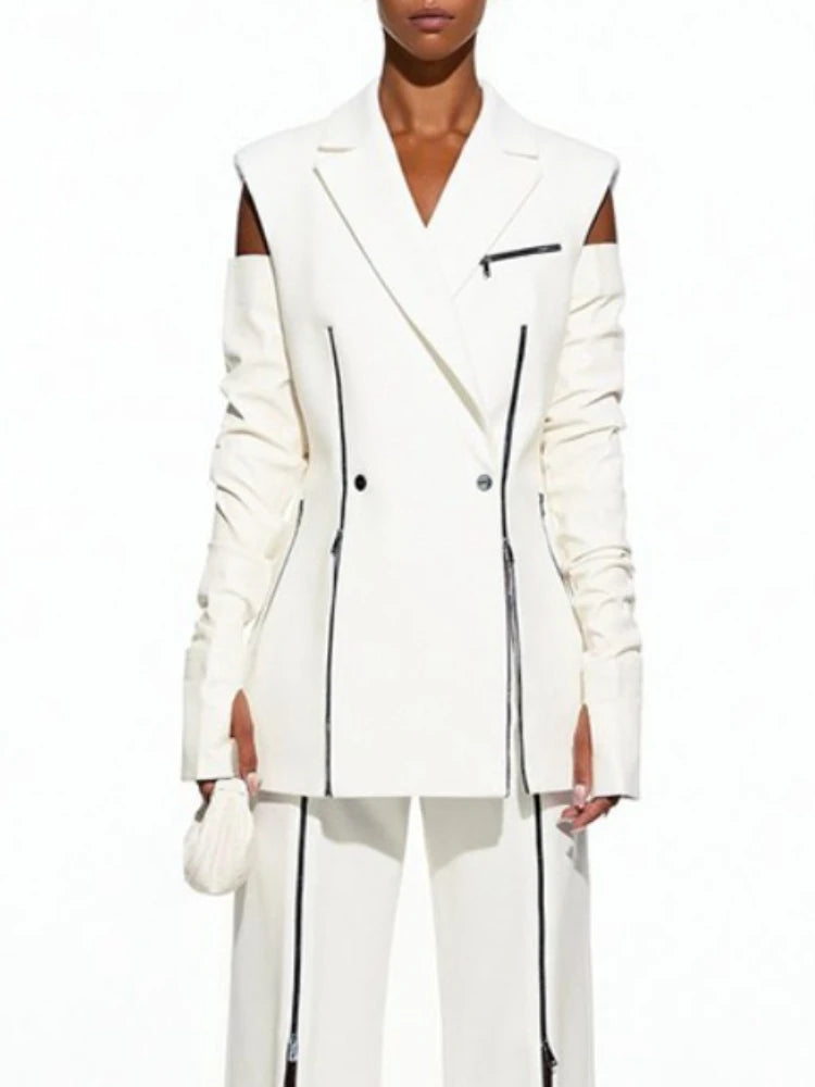 Beautyblue 2025 Summer New V-neck Collar White Suit Blazer Vest Jacket Buttoned Shoulder Pad Zipper Commuter Sleeveless Coat