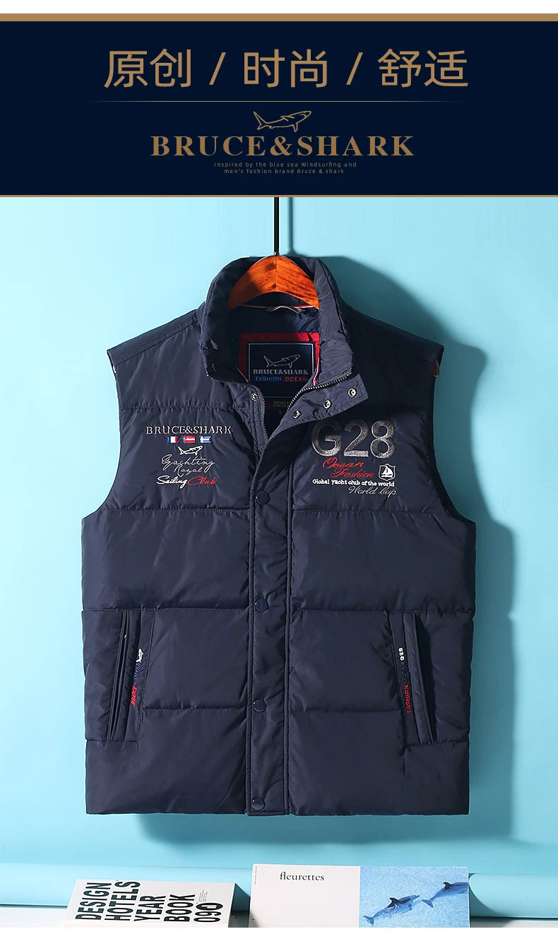 New Winter Down-Feather Men Vest Bruce&Shark 70% Duck Casual Fashion Business Top Embroidery Winter Style Coat Size M TO 3XL