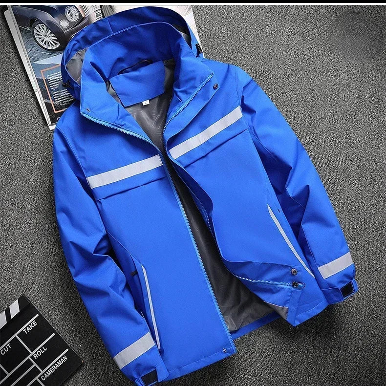 New Men's Jacket Patchwork Fashion Reflective Striped Hooded Coat Outdoor Male Clothing Sports Zipper