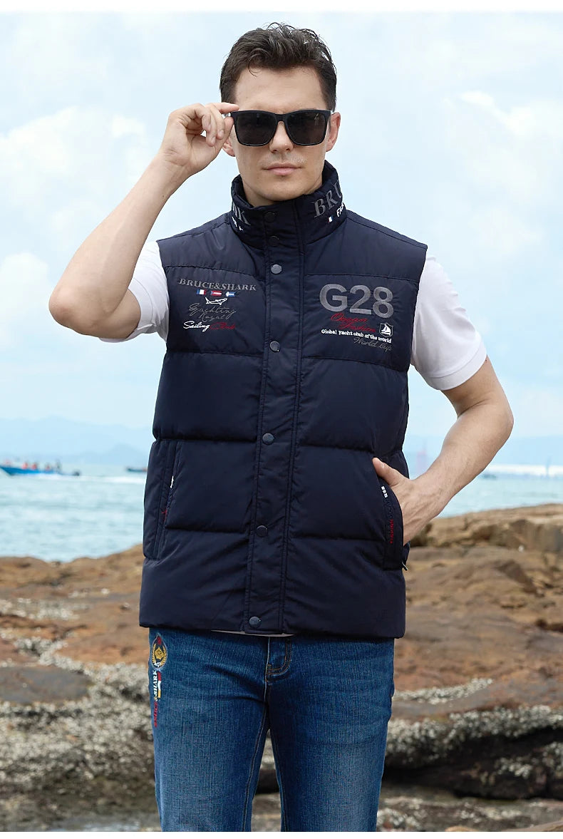 New Winter Down-Feather Men Vest Bruce&Shark 70% Duck Casual Fashion Business Top Embroidery Winter Style Coat Size M TO 3XL