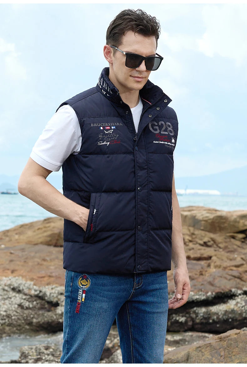 New Winter Down-Feather Men Vest Bruce&Shark 70% Duck Casual Fashion Business Top Embroidery Winter Style Coat Size M TO 3XL