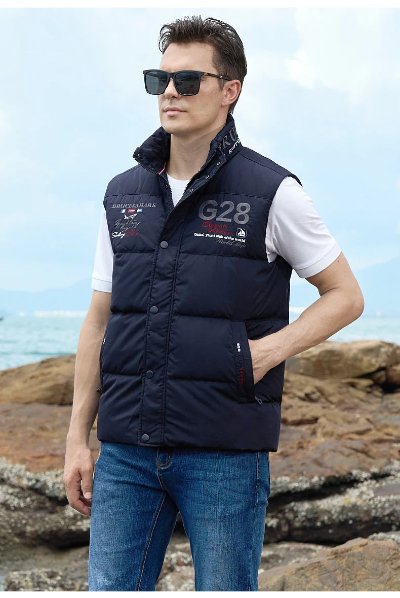 New Winter Down-Feather Men Vest Bruce&Shark 70% Duck Casual Fashion Business Top Embroidery Winter Style Coat Size M TO 3XL