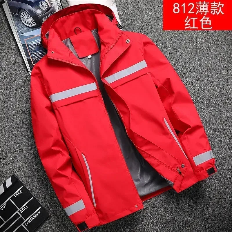 New Men's Jacket Patchwork Fashion Reflective Striped Hooded Coat Outdoor Male Clothing Sports Zipper