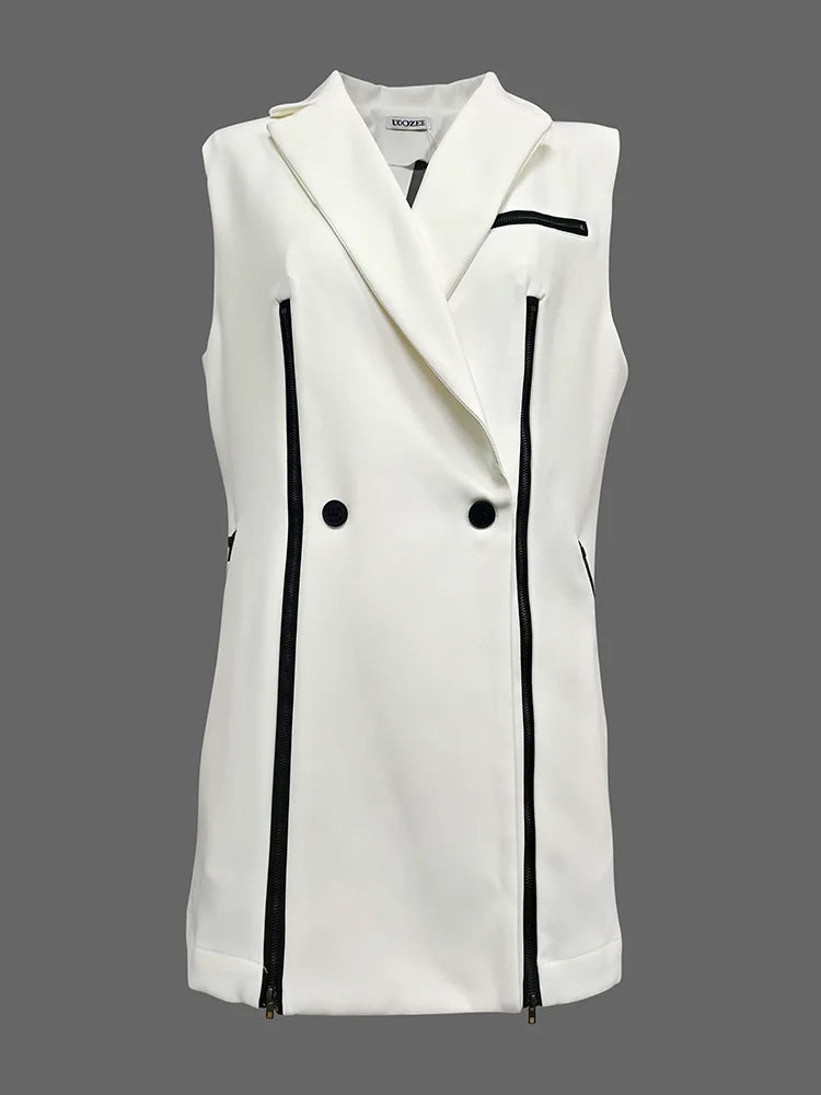 Beautyblue 2025 Summer New V-neck Collar White Suit Blazer Vest Jacket Buttoned Shoulder Pad Zipper Commuter Sleeveless Coat