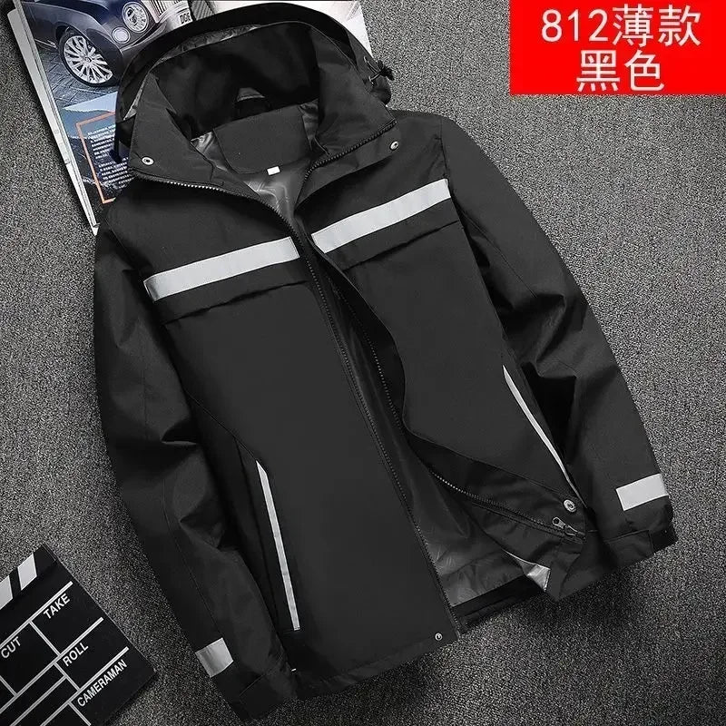 New Men's Jacket Patchwork Fashion Reflective Striped Hooded Coat Outdoor Male Clothing Sports Zipper