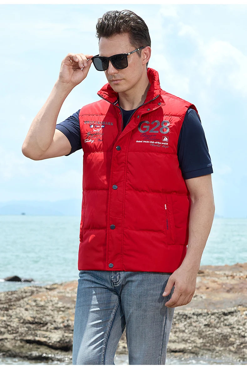 New Winter Down-Feather Men Vest Bruce&Shark 70% Duck Casual Fashion Business Top Embroidery Winter Style Coat Size M TO 3XL