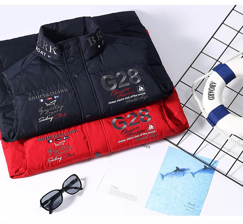 New Winter Down-Feather Men Vest Bruce&Shark 70% Duck Casual Fashion Business Top Embroidery Winter Style Coat Size M TO 3XL