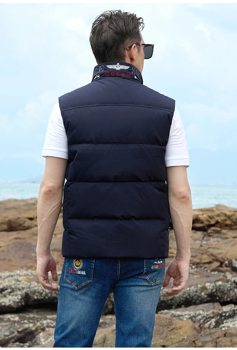 New Winter Down-Feather Men Vest Bruce&Shark 70% Duck Casual Fashion Business Top Embroidery Winter Style Coat Size M TO 3XL