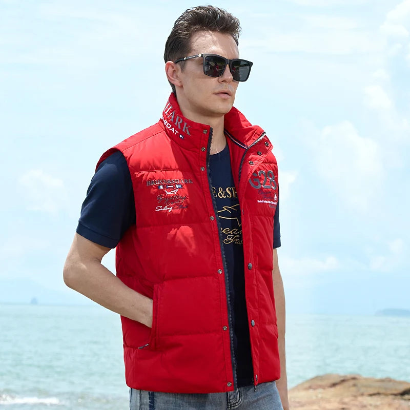 New Winter Down-Feather Men Vest Bruce&Shark 70% Duck Casual Fashion Business Top Embroidery Winter Style Coat Size M TO 3XL