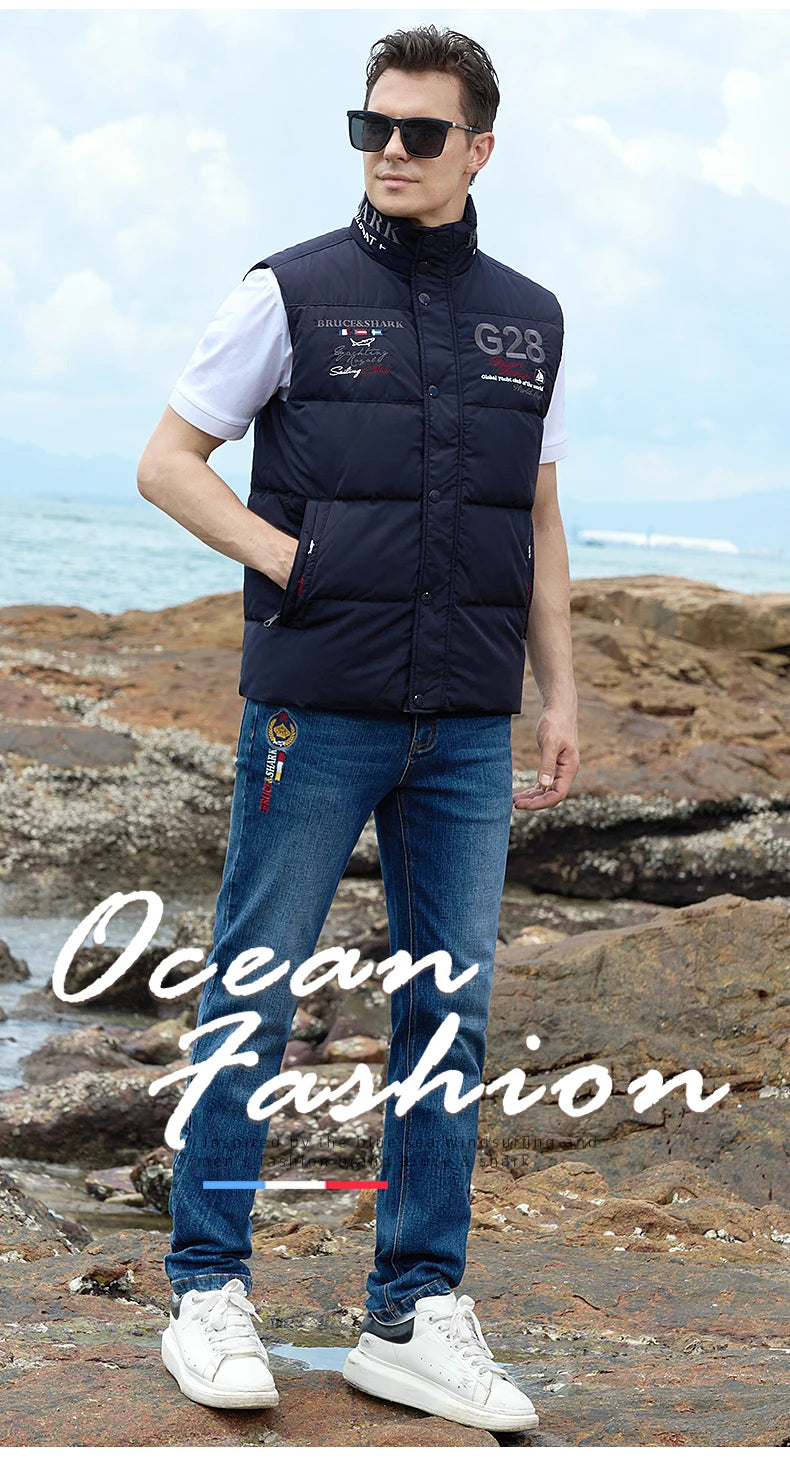 New Winter Down-Feather Men Vest Bruce&Shark 70% Duck Casual Fashion Business Top Embroidery Winter Style Coat Size M TO 3XL