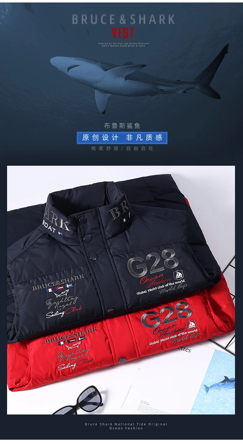 New Winter Down-Feather Men Vest Bruce&Shark 70% Duck Casual Fashion Business Top Embroidery Winter Style Coat Size M TO 3XL