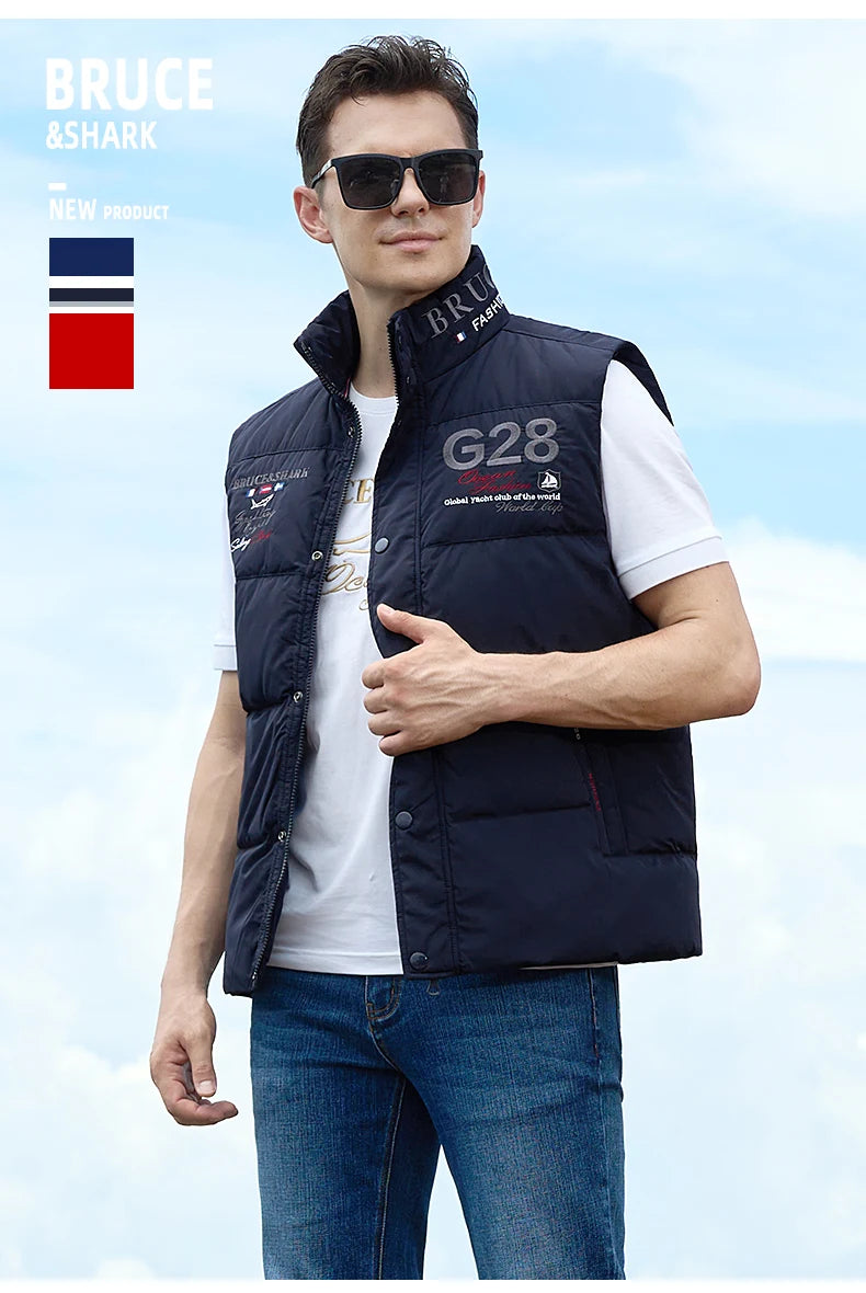 New Winter Down-Feather Men Vest Bruce&Shark 70% Duck Casual Fashion Business Top Embroidery Winter Style Coat Size M TO 3XL