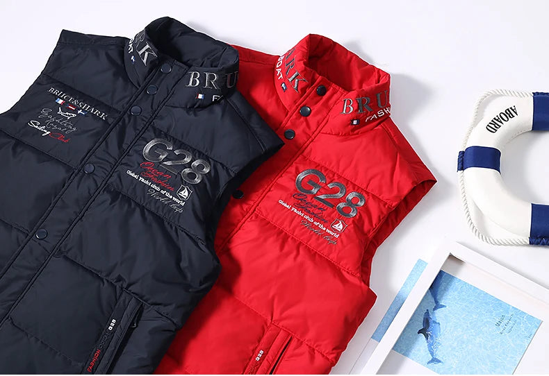 New Winter Down-Feather Men Vest Bruce&Shark 70% Duck Casual Fashion Business Top Embroidery Winter Style Coat Size M TO 3XL