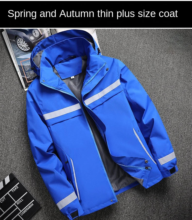 New Men's Jacket Patchwork Fashion Reflective Striped Hooded Coat Outdoor Male Clothing Sports Zipper
