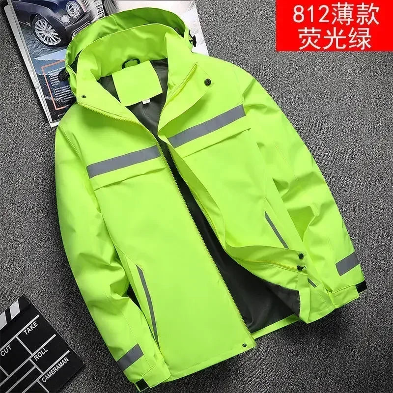 New Men's Jacket Patchwork Fashion Reflective Striped Hooded Coat Outdoor Male Clothing Sports Zipper