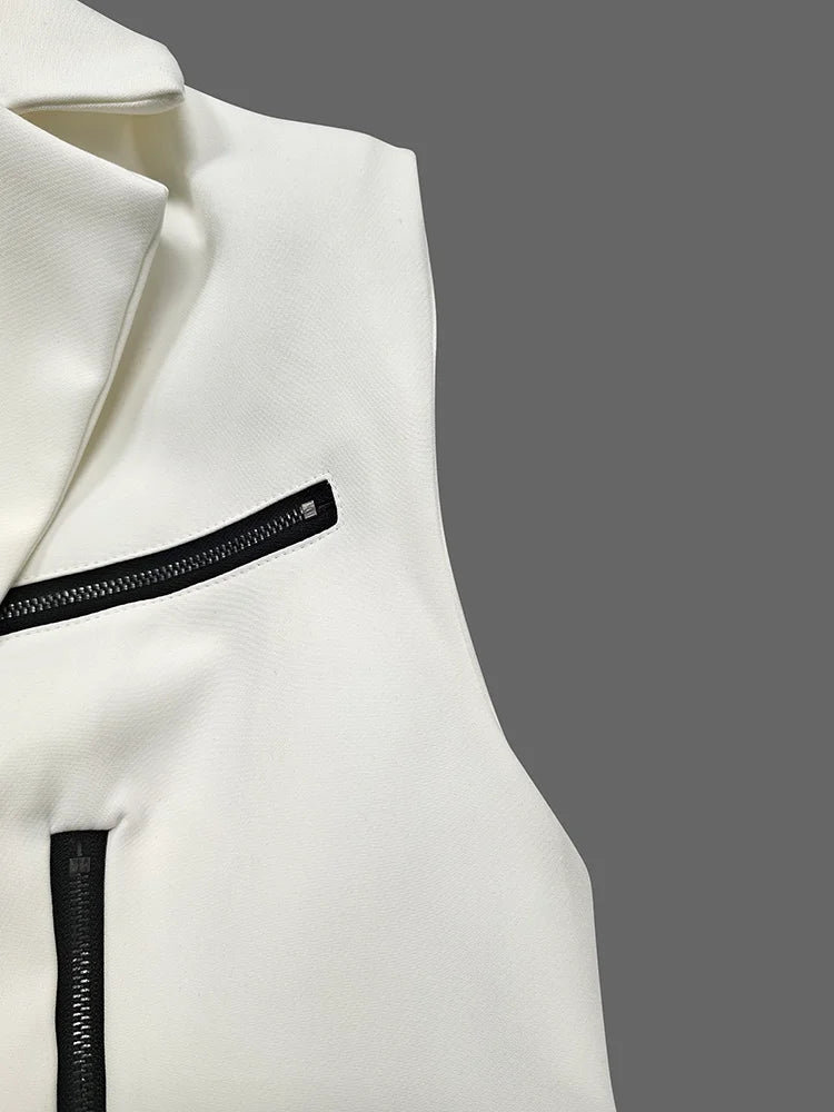 Beautyblue 2025 Summer New V-neck Collar White Suit Blazer Vest Jacket Buttoned Shoulder Pad Zipper Commuter Sleeveless Coat