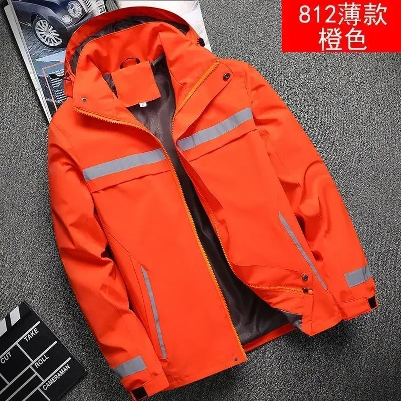 New Men's Jacket Patchwork Fashion Reflective Striped Hooded Coat Outdoor Male Clothing Sports Zipper