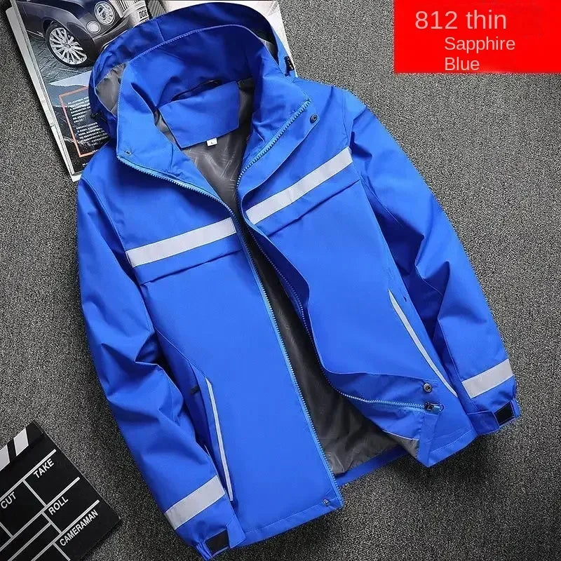 New Men's Jacket Patchwork Fashion Reflective Striped Hooded Coat Outdoor Male Clothing Sports Zipper