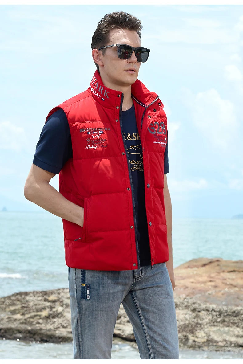 New Winter Down-Feather Men Vest Bruce&Shark 70% Duck Casual Fashion Business Top Embroidery Winter Style Coat Size M TO 3XL