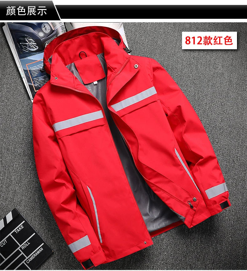 New Men's Jacket Patchwork Fashion Reflective Striped Hooded Coat Outdoor Male Clothing Sports Zipper