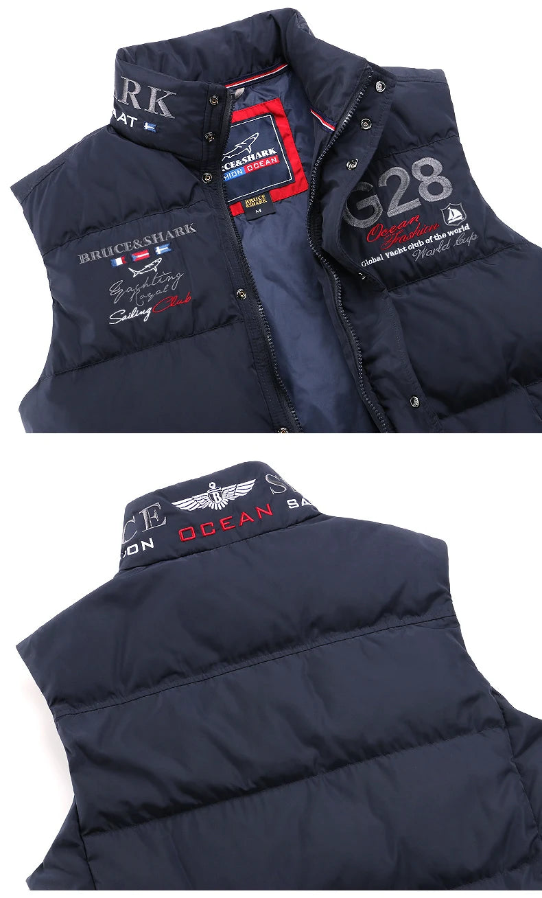 New Winter Down-Feather Men Vest Bruce&Shark 70% Duck Casual Fashion Business Top Embroidery Winter Style Coat Size M TO 3XL