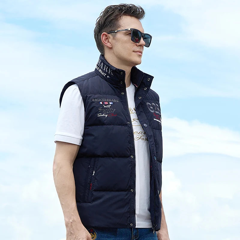 New Winter Down-Feather Men Vest Bruce&Shark 70% Duck Casual Fashion Business Top Embroidery Winter Style Coat Size M TO 3XL