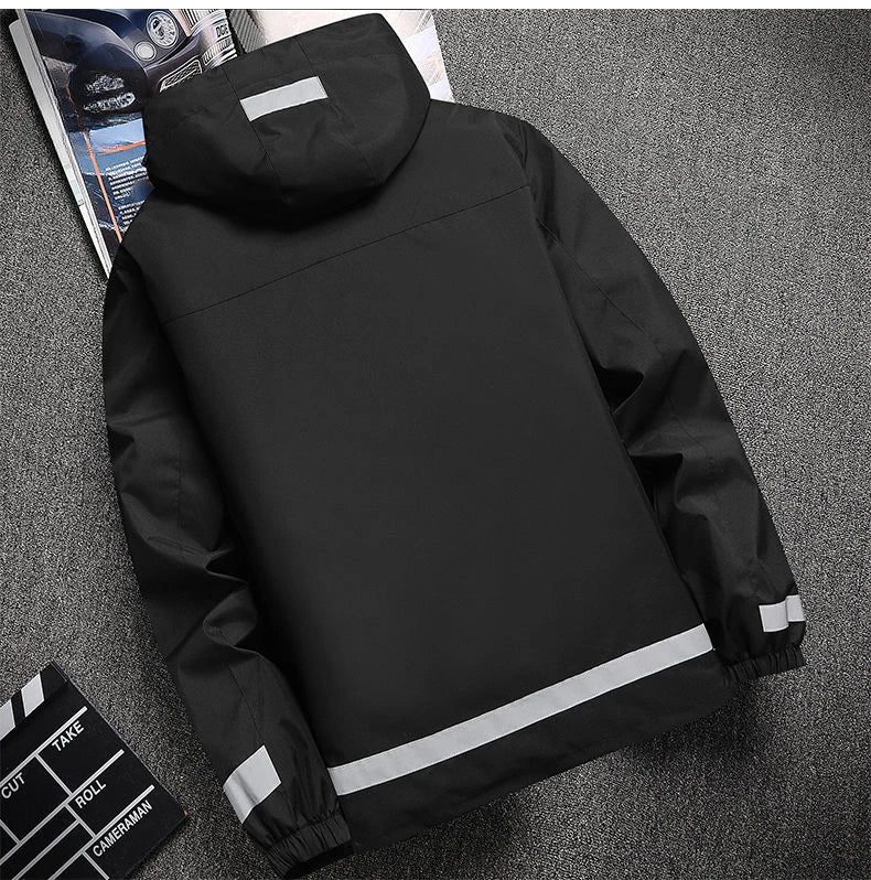 New Men's Jacket Patchwork Fashion Reflective Striped Hooded Coat Outdoor Male Clothing Sports Zipper