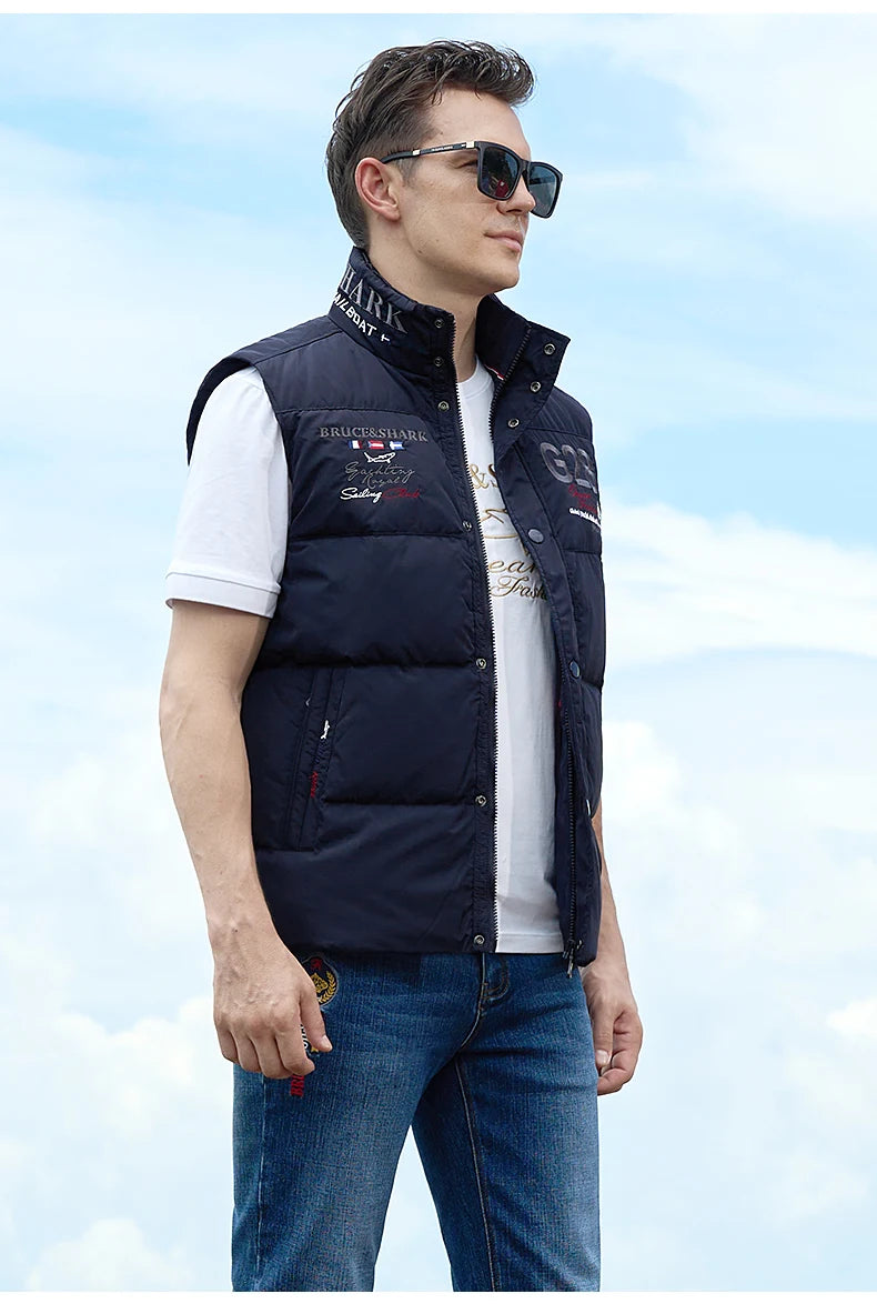 New Winter Down-Feather Men Vest Bruce&Shark 70% Duck Casual Fashion Business Top Embroidery Winter Style Coat Size M TO 3XL