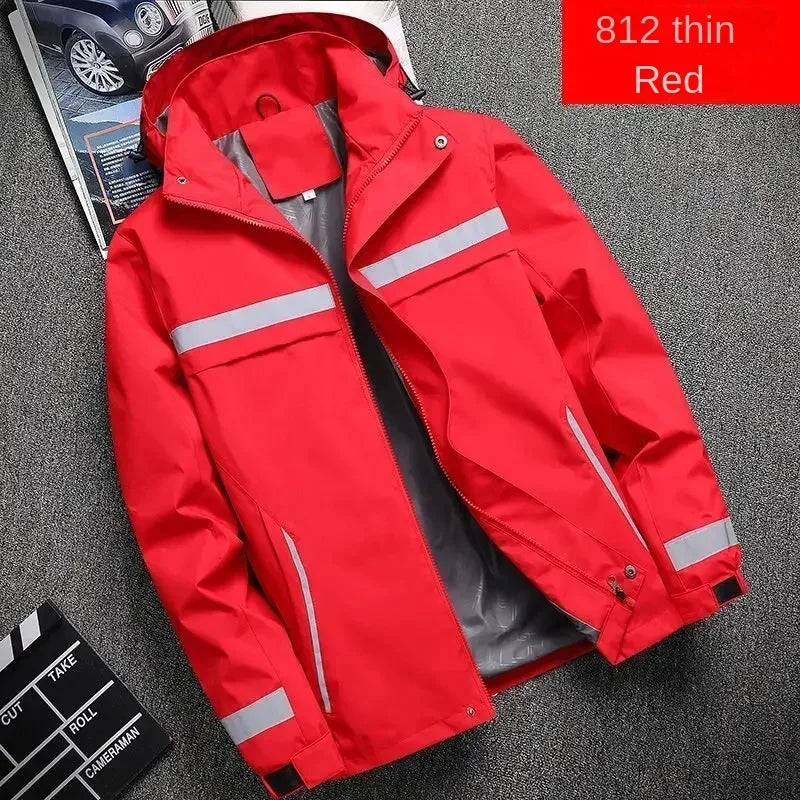 New Men's Jacket Patchwork Fashion Reflective Striped Hooded Coat Outdoor Male Clothing Sports Zipper